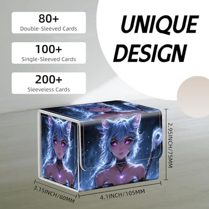 Trading Card Storage Box, Holds 100+ for MTG Cards, PU Leather with Magnetic Closure, Blue Cat Girl Mage Fantasy Durable Deck Box for Magic the Gathering, Trading Card Games - color: Blue Cat Girl Mage Fantasy