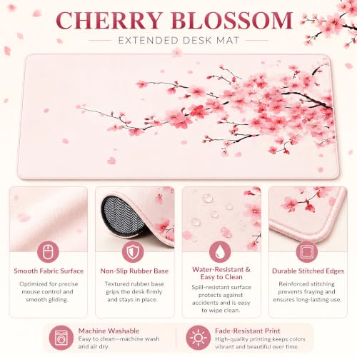 Cherry Blossom Desk Mat, Large Pink Sakura Mouse Pad with Stitched Edges, Non-Slip Rubber Base, 31.5 x 11.8 Inch - color: Pink Cherry Blossom