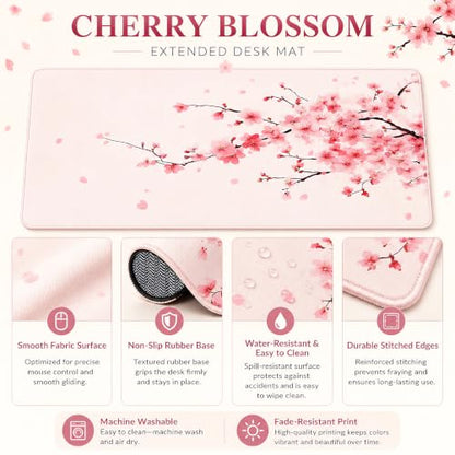 Cherry Blossom Desk Mat, Large Pink Sakura Mouse Pad with Stitched Edges, Non-Slip Rubber Base, 31.5 x 11.8 Inch - color: Pink Cherry Blossom