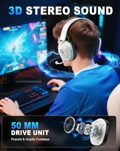 Wireless Gaming Headset for PS5 PS4 PC Switch Mac, 100H Playtime | 2.4GHz ≤20ms Low Latency & Bluetooth, Game/Music Modes, 50mm 3D Stereo, ENC Mic, Foldable Comfort for FPS, RPG & Multiplayer