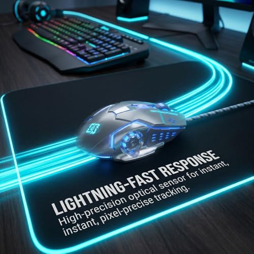 Gaming Mouse, 1600 DPI Wired Optical Mouse with 6 Programmable Buttons & Backlit Modes, Software Supports DIY Keybinds Rapid Fire Button Silver - color: Silver