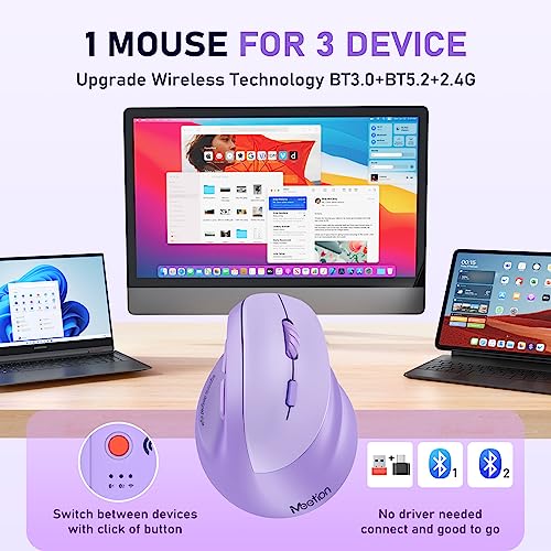MEETION Ergonomic Mouse, Wireless Vertical Mouse RGB Backlit, Rechargeable Mice for Bluetooth(5.2+3.0) & USB-A with USB-C Adapter, 4 Adjustable DPI Compatible Mac/Windows/Andriod/PC/Tablet/iPad Purple - color: Purple