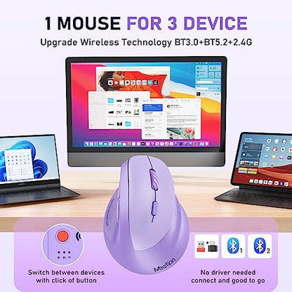 MEETION Ergonomic Mouse, Wireless Vertical Mouse RGB Backlit, Rechargeable Mice for Bluetooth(5.2+3.0) & USB-A with USB-C Adapter, 4 Adjustable DPI Compatible Mac/Windows/Andriod/PC/Tablet/iPad Purple - color: Purple