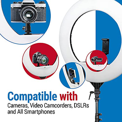 Vidpro RL-18 LED 18-Inch Ring Light Kit with Stand and Case - 55W Dimmable 3200-5600K Variable Color Control Ring Light Set Compatible with Most Cameras and Smartphones Perfect for Photography Live