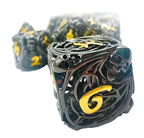 Metal DND Dice Set Skull Dungeons and Dragon Dice Set Hollow Polyhedral Magic 7 PCS Dice Set with Gift Metal Box for Dungeons and Dragons Table Games Play Cards MTG(Skull_Black Plus Gold) - color: Skull_red and White