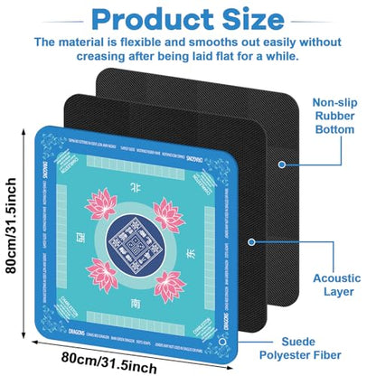 Mahjong Mat 31.5" x 31.5" Mahjong Table Mat with Rules Anti Slip Noise Reduction Lotus Flower Gaming Tablecloth for Poker, Card, Board Tile Games Mah Jongg Table Cover with Carrying Bag (Blue) - style: Blue Flower