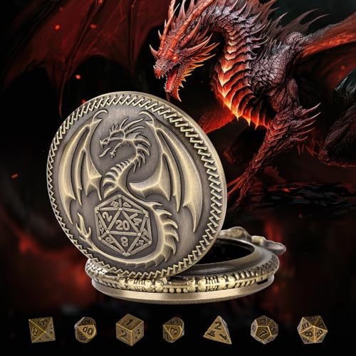Mini DND Dice Set Steampunk Dragon Pocket Watch Shell Case, 7pcs Polyhedral Metal D&D Dice Set, DND Gifts with Gift Box for Men Women, Role Playing Board Games Accessories, Bronze - color: Bronze