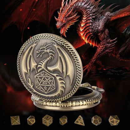 Mini DND Dice Set Steampunk Dragon Pocket Watch Shell Case, 7pcs Polyhedral Metal D&D Dice Set, DND Gifts with Gift Box for Men Women, Role Playing Board Games Accessories, Bronze - color: Bronze