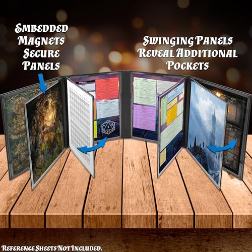 CASEMATIX DM Screen Faux Leather 12-Panel Deluxe GM Screen - Twelve Panel XL Folding Dungeon Master Screen with 4 Swinging Panels and Wet Erase Pockets for TTRPGs - Black, Inserts Not Included