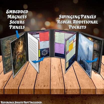 CASEMATIX DM Screen Faux Leather 12-Panel Deluxe GM Screen - Twelve Panel XL Folding Dungeon Master Screen with 4 Swinging Panels and Wet Erase Pockets for TTRPGs - Black, Inserts Not Included