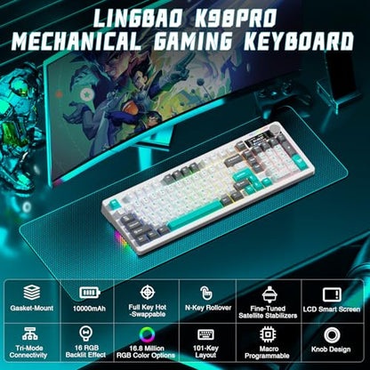 LINGBAO K98 PRO 96% Mechanical Keyboard Wireless, with Screen & Knob, Creamy Gaming Keyboard, Tri-Mode BT5.0/2.4GHz/USB-C, Gasket Mount Hot-Swappable Linear Switches RGB Backlit Gamer Keyboards for PC - color: K98Pro | 10000mAh | White Blue Grey