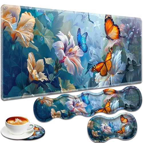 Large Gaming Mouse Pad + Keyboard Wrist Rest + Wrist Support + Coaster Set, Memory Foam Ergonomic for Easy Typing, XXL Extended Gaming Mouse Pad Table Pad - Painting Butterfly - color: Painting Butterfly