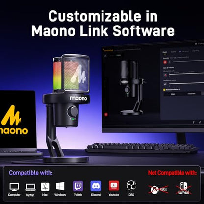 MAONO Wireless Microphone for PC,Gaming Streaming Condenser Mic with Software AI Voice Change,3-Level Noise Cancellation,Custom EQ,Gain Control USB Mic for Podcast Recording (DM40-Black) | Condenser Computer Mic with Noise Reduction/One-Click Mute/EQ/RGB/