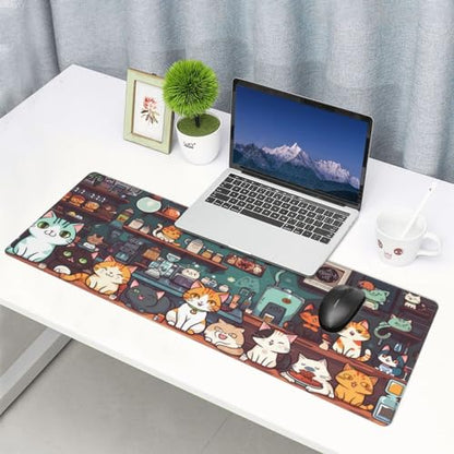 Gaming Mouse Pad Desk Pad,Extended Big Mouse Pad,31.5x11.8 Inch Long Computer Keyboard Mouse Mat Mousepad with 3mm Non-Slip Base and Stitched Edge for Gaming and Office… (cat) - color: Cat
