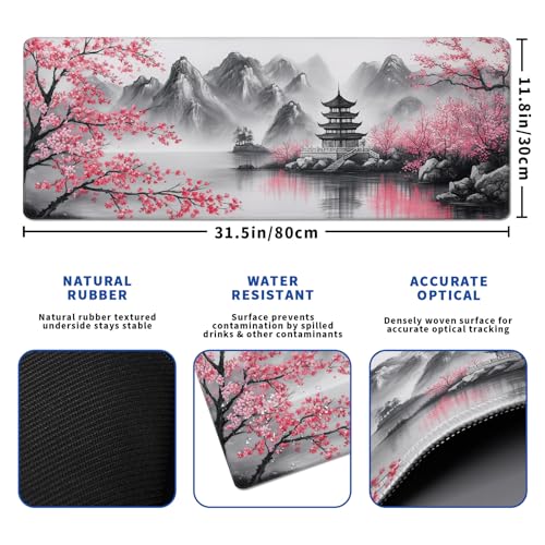 Retro Cherry Blossom Mouse Pad Abstract Big Mouse Pad 31.5x11.8 Inch Retro Texture Non-Slip Rubber Base Large Mousepad Stitched Edges Keyboard Mouse Mat Desk Pad for Office and Home - color: Retro Cherry Blossom