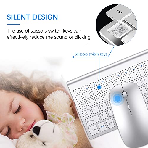 Wireless Keyboard and Mouse Ultra Slim Combo, TopMate 2.4G Silent Compact USB 2400DPI Mouse and Scissor Switch Keyboard Set with Cover, Batteries Included, for PC/Laptop/Windows/Mac - Silver White - color: Silver White