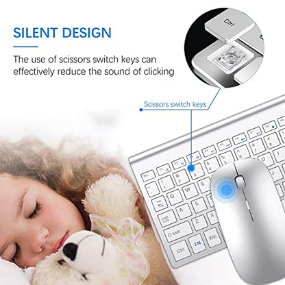 Wireless Keyboard and Mouse Ultra Slim Combo, TopMate 2.4G Silent Compact USB 2400DPI Mouse and Scissor Switch Keyboard Set with Cover, Batteries Included, for PC/Laptop/Windows/Mac - Silver White - color: Silver White