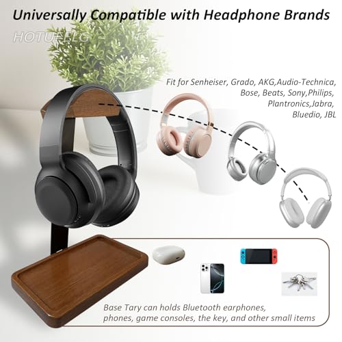 2-in-1 Wood Universal Headphone Stand With Storage Tray And Wood Arc Top | Curved Support Helps Distribute Headband Weight, Storage Base Keeps Keys, Earbuds, And Desk Accessories Within Reach