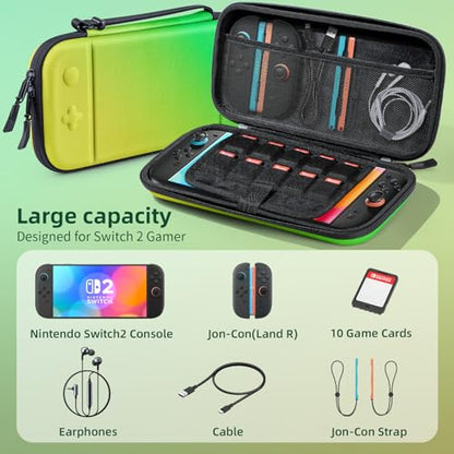 BRHE Switch 2 Carry Case Compatible with Nintendo Switch 2 Console,Large Capacity Switch 2 Case, Portable Hard NS 2 Travel Bag for Console & Accessories, 10 Game Card Slots (Yellow Green Gradient) - color: Yellow Green Gradient