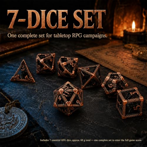 DND Dice Set,3D Hollow Dragon Metal 7-Die,Antique Red Copper | copper construction,68g balanced weight,engraved numbers,gift box and velvet bag for DND RPG play - color: 3d-copper