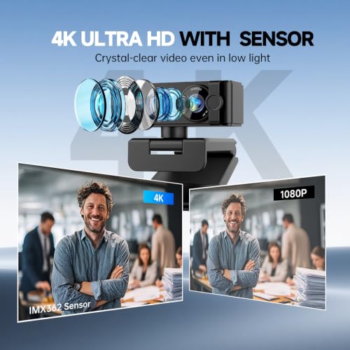 G53 4K Webcam with Noise-Canceling Microphone for PC Laptop | 120° Wide-Angle & Autofocus Video Streaming Computer Camera, Remote Control，works with Zoom/Teams/Switch 2/Mac