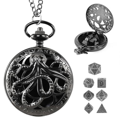 D&D Dice Set,7PCS Metal Dice for Dungeons and Dragons,Mini Dice Set with Pocket Watch Case,Role Playing Board Games Accessories (Octopus, Black) - color: Black, style: Octopus