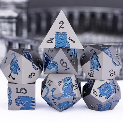 Metal DND Cat Dice 7PCS Polyhedral RPG Dice Set with Gift Case for Dungeons Dragons Role Playing Game, D and D Dice D6 D8 D10 D12 D20 D% (Grey Blue) - color: Cat-grey Blue