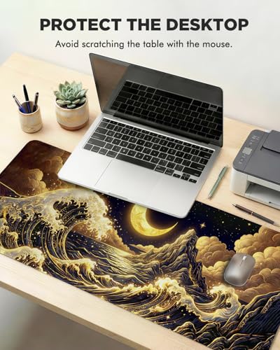 Mouse Pad, Desk Mat, 31.5x11.8in Large Mousepad, Golden Waves | Desk Pad with Stitched Edge & Rubber Non-Slip Bottom, Gaming Mouse Pad, Extended Mousepad for Home, Office - color: Golden Waves