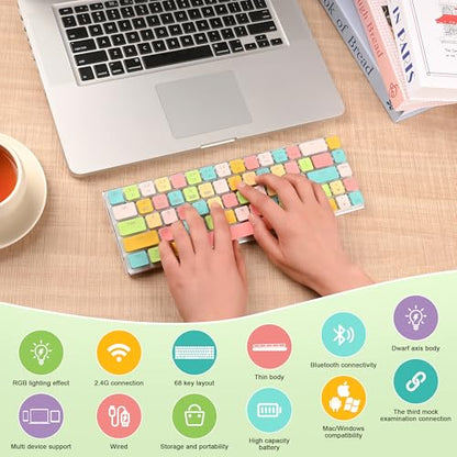 65% Wireless Mechanical Gaming Keyboard - 68 Keys RGB Backlit, Low-Profile Clicky Blue Switches, Ultra-Slim Design, Triple-Mode (2.4G/BT5.0/USB-C), for Office/Gaming - Colorful Edition