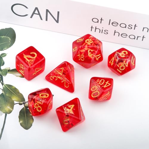 Haxtec Red DND Dice Set 7PCS Filled Resin Polyhedral D&D Dice W/Iridescent Mylar Inclusion Role Playing Dice with Dice Bag Compatible with Dungeons and Dragons Gift - color: Red Gold