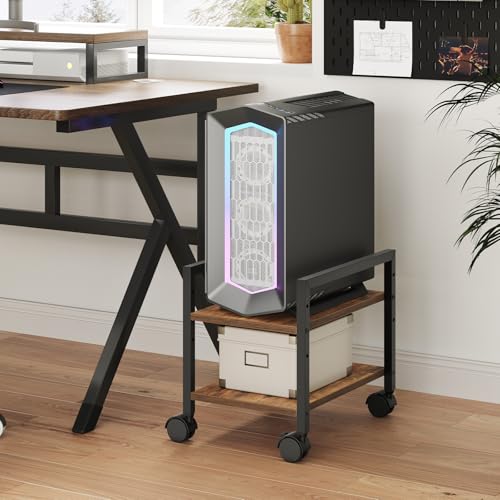 HOOBRO PC Stand, 2-Tier PC Tower Stand Fits Most Computer Towers, CPU Holder for Floor, Height Adjustable, CPU Stand with Wheels Under Desk, for Home Office, Rustic Brown and Black BF11CJ01 - color: Rustic Brown, Black