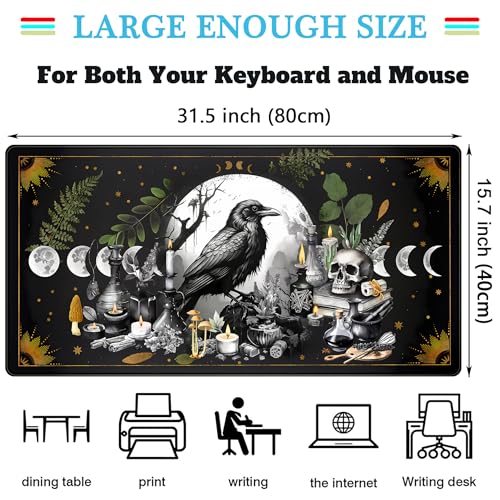 Cute Kawaii Raven Desk Mat XXL Large Extended Gaming Mouse Pad Nature Forest Gothic Mousepad with Stitched Edges, Anime Skull Laptop Keyboard and Mouse Mat Desk Pad for Work Game 31.5x15.7 in - color: Anime Black Crow