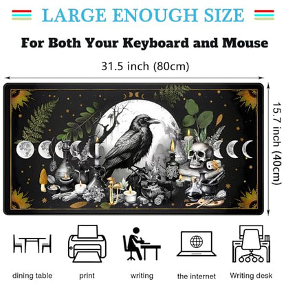 Cute Kawaii Raven Desk Mat XXL Large Extended Gaming Mouse Pad Nature Forest Gothic Mousepad with Stitched Edges, Anime Skull Laptop Keyboard and Mouse Mat Desk Pad for Work Game 31.5x15.7 in - color: Anime Black Crow