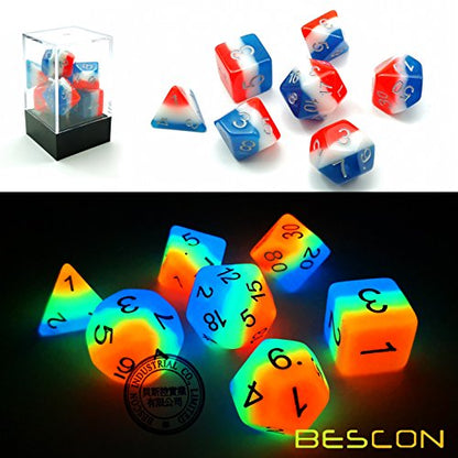 Bescon Glowing Polyhedral Dice 7pcs Set French KISS, Luminous RPG Dice Glow in Dark, DND Role Playing Game Dice - color: French Kiss