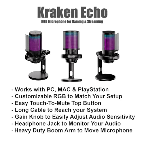 Kraken Echo RGB USB Condenser Microphone for Gaming, Podcast & Streaming for PC, PS5, PS4, MAC, Laptops. Touch Mute - Gain Knob - Monitoring - Controllable RGB - PC Gaming Mic with Desk Stand (Black)