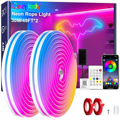 Cozylady RGB Neon Light LED Rope Light,Waterproof Bluetooth APP Remote Control Music Sync Strip Light,24V Flexible DIY Silicone Light for Bedroom Home Indoor Outdoor Decoration(30m/100ft) - size: 100 ft