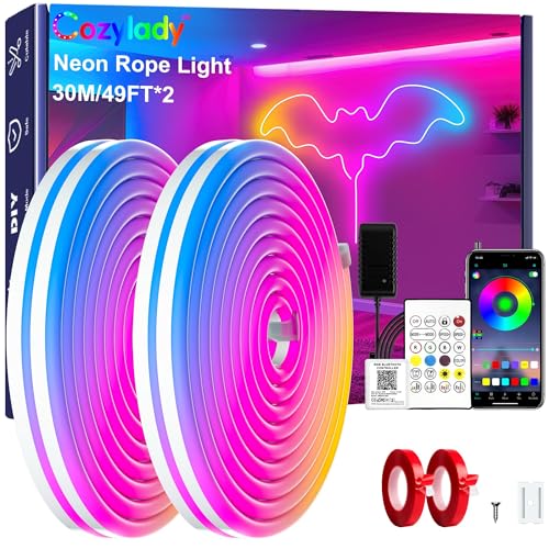 Cozylady RGB Neon Light LED Rope Light,Waterproof Bluetooth APP Remote Control Music Sync Strip Light,24V Flexible DIY Silicone Light for Bedroom Home Indoor Outdoor Decoration(30m/100ft) - size: 100 ft