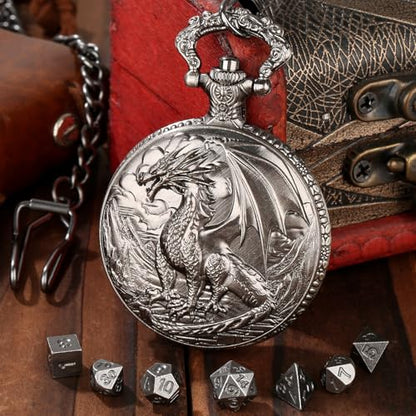 Mini DND Dice Set with Steampunk Dragon Pocket Watch Shell Case, 7pcs Polyhedral Metal DND Dice Set, DND Starter Set, D&D Gifts with Dragon Logo Gift Bag, Role Playing Board Games Accessories, Silver - color: Silver