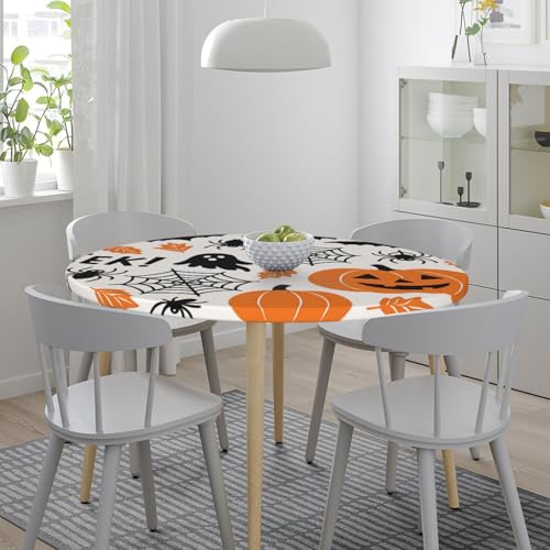 Famame Halloween Spider Webs Pumpkins Round Fitted Tablecloth with Elastic Protector Table Kitchen Dinner Waterproof Oil-Proof Table Covers Fits 40"-44", Small - color: Halloween Spider Webs Pumpkins, size: Small (40"-44")
