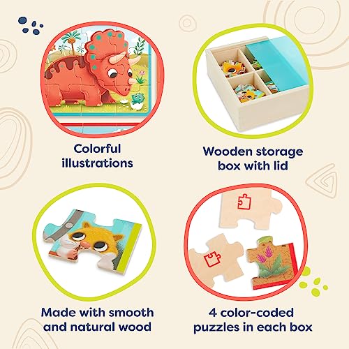 B. toys Wooden Puzzles Pack o' Puzzles Pets & Dinos 2-Pack Set, 2 Pack | 8 wooden jigsaw puzzles in 2 storage boxes; 12 pieces each, pet and dinosaur themes, color-coded backs, 2 Pack; 3+ Years - style: 2 Pack