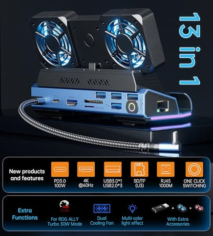 Legion Go/ROG Ally/Steam Deck Dock - 13-in-1 Docking Station Dismantling Dual Cool Fans Steam, 4K@60Hz, 4 USB Ports, 100W PD Charging, Gigabit Ethernet Fit for Steam Deck - color: 13 in 1