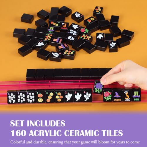 160 Pcs Halloween American Mahjong Set 1.2 Inch Pumpkin Cat Witch Ghost Mini Mahjong Tiles Set Melamine Carved Pattern for Adult Halloween Mah Jong Lovers Social Games (Black,Classic) - color: Black, style: Classic
