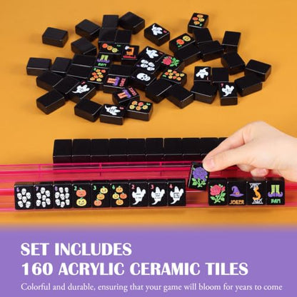 160 Pcs Halloween American Mahjong Set 1.2 Inch Pumpkin Cat Witch Ghost Mini Mahjong Tiles Set Melamine Carved Pattern for Adult Halloween Mah Jong Lovers Social Games (Black,Classic) - color: Black, style: Classic