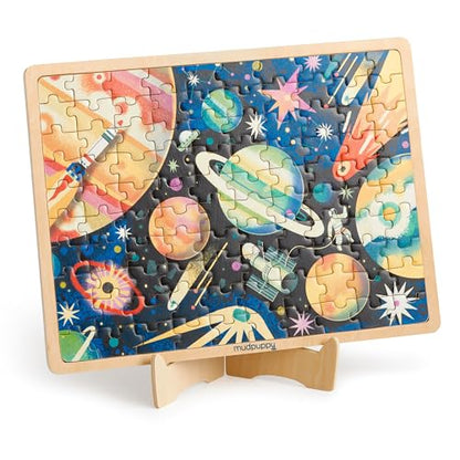 Mudpuppy Space Mission 100 Piece Wooden Puzzle for Kids, Ages 5+ | Outerspace Theme, Bright and Bold Illustrations, Sturdy Pieces, Display Stand Included, Room Décor - style: Space Mission