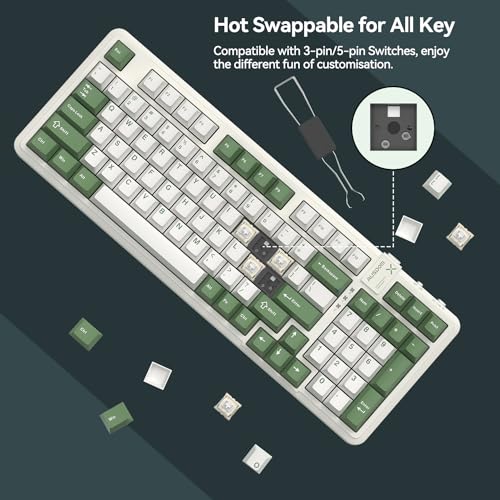 AUSDOM 98Pro Wireless Mechanical Keyboard, Tri-Mode BT/2.4GHz/USB-C Hot Swappable Custom Gaming Keyboard with Backlit, Gasket Structure, Linear Switches for Windows/Mac/PC (Clicky Sound) - color: Green