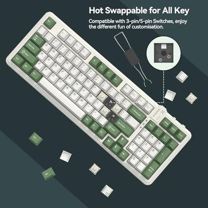 AUSDOM 98Pro Wireless Mechanical Keyboard, Tri-Mode BT/2.4GHz/USB-C Hot Swappable Custom Gaming Keyboard with Backlit, Gasket Structure, Linear Switches for Windows/Mac/PC (Clicky Sound) - color: Green