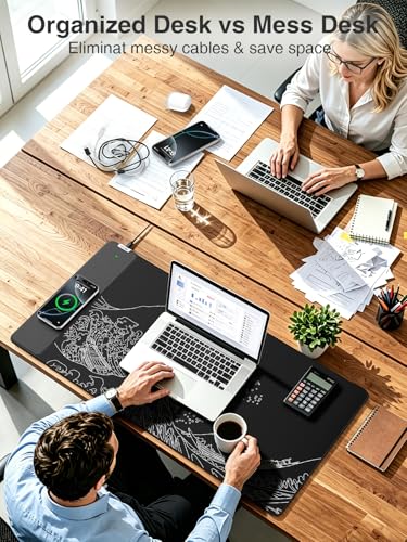 Wireless Charging Mouse Pad, 31.5"x15.8" Large Desk Mat, Smooth Glide | Waterproof Mousepad, Stitched Edge, Non-Slip Rubber Base, Desk Pad Computer Keyboard Mat, No Adapter - color: Black-31.5"x15.8"-Sea