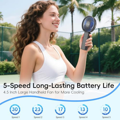 HandFan Upgraded 10,000 mAh Quiet Handheld Fan - 4.5 Inch Large Hand Held Fans Reahargeable, 180° Foldable Portable Fan [30 Working Hours] with Lanyard, Base for Disney/Travel/Concerts/Beach/Office - color: Blue‑Blade Black
