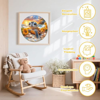 Ocean Animal Wooden Puzzles for Kids - Sea Turtle (11.4 * 11.4 in) | 50 Piece Puzzles for Kids Ages 6-8, Kids Puzzles with Unique Animal Shapes, Round Gift for Girls and Boys - color: Sea Turtle