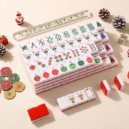 160 Pcs Christmas American Mahjong Set Only, 1.2 x 0.87 Inches Red Back Melamine Mahjong Tiles, Hand Carved Pattern for Adult Mah Jong Social Games, Mah Jong Lovers - style: Stylish